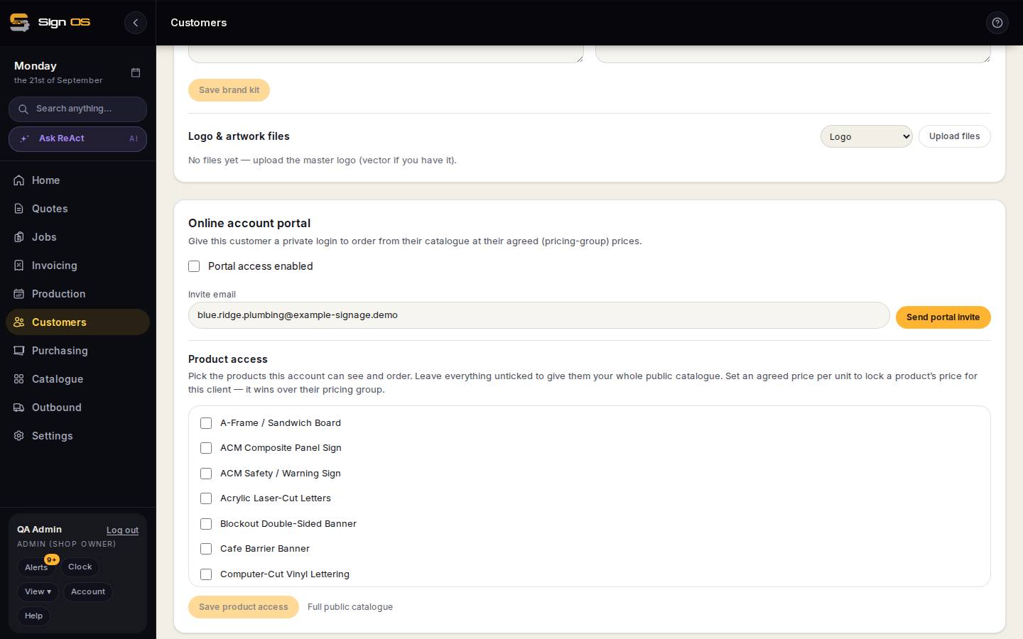 Give an account customer their own ordering login — the screen in Sign OS