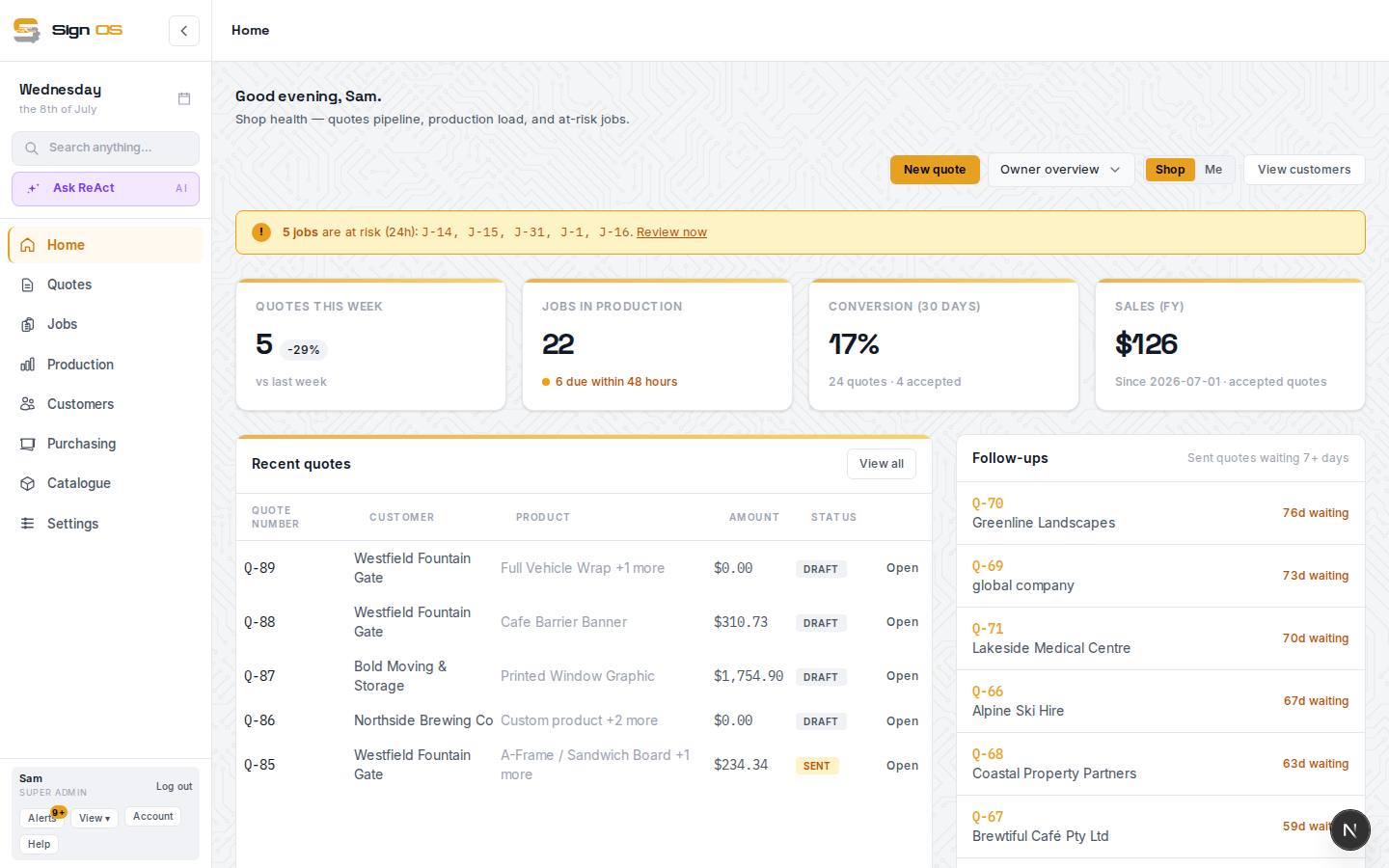 Approve quotes, invoices and POs before they go out — the screen in Sign OS