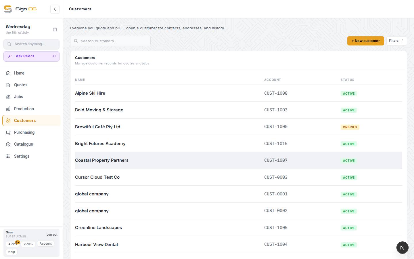 Manage your customers — the screen in Sign OS