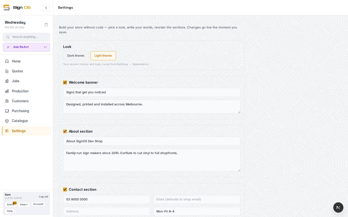 Build your online store — the screen in Sign OS