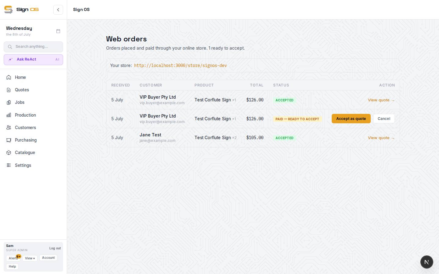Handle web orders — the screen in Sign OS