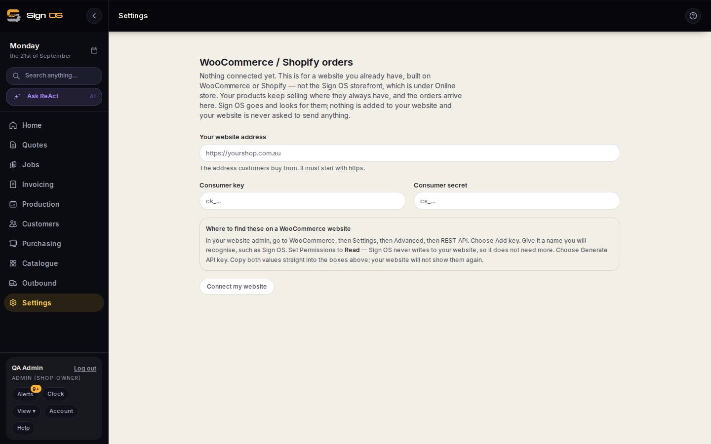 Pull orders in from your WooCommerce or Shopify site — the screen in Sign OS
