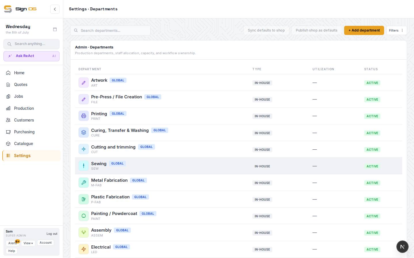 Create your departments — the screen in Sign OS
