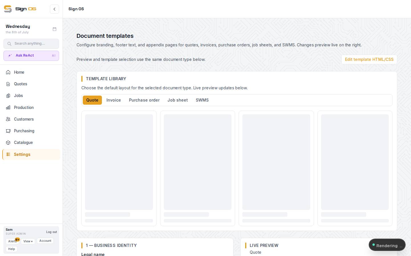 Customise your document templates — the screen in Sign OS
