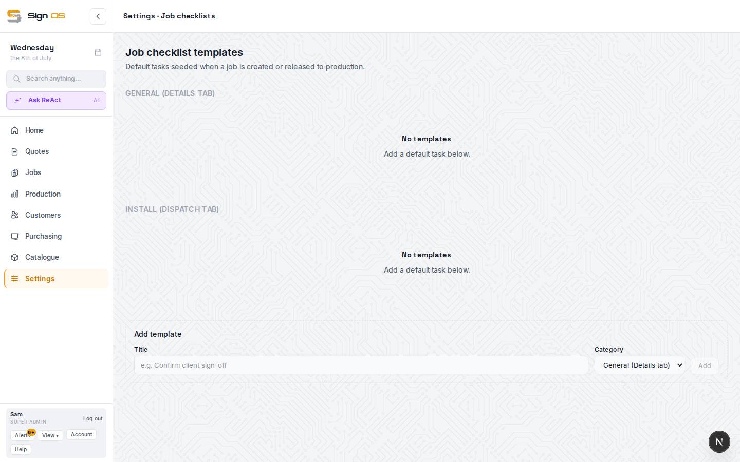 Build job checklist templates — the screen in Sign OS