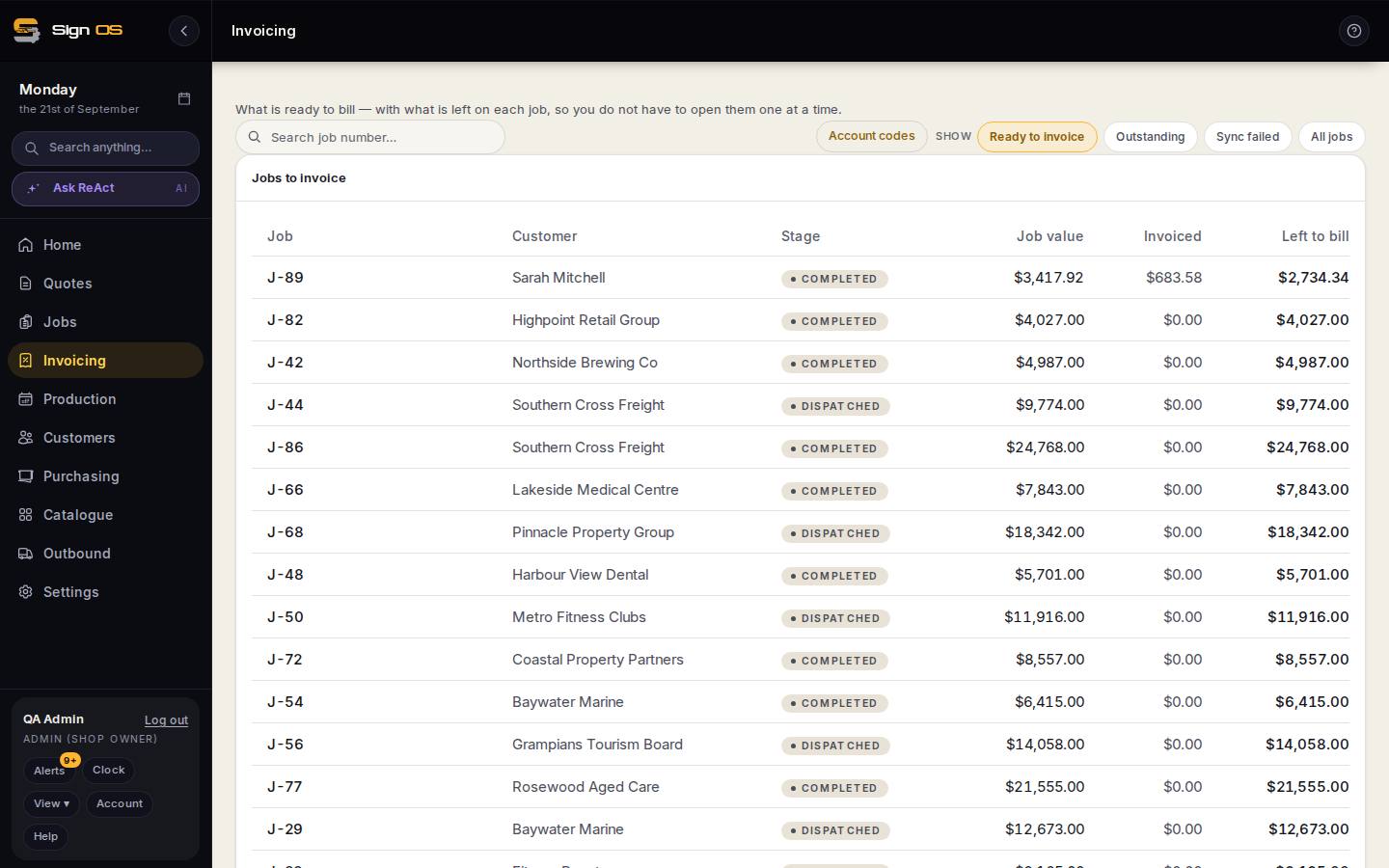 Write off money that isn't coming — the screen in Sign OS