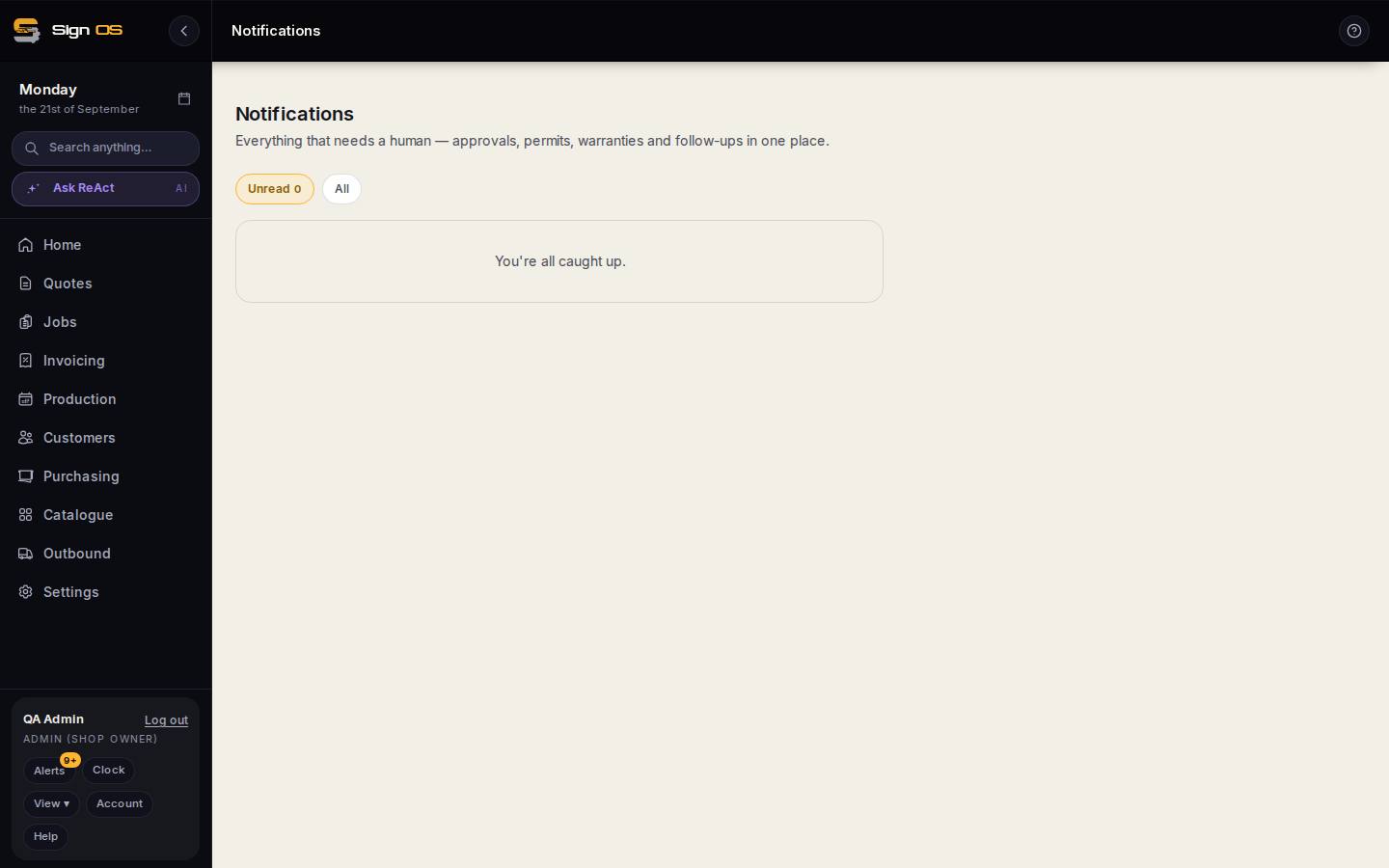 Read your notifications — the screen in Sign OS