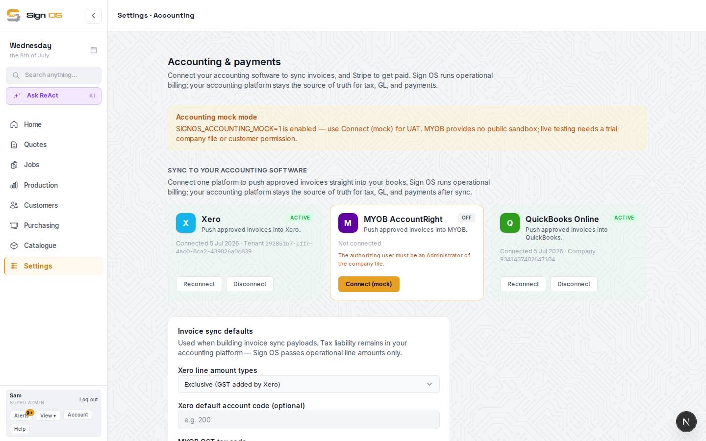 Connect Xero or QuickBooks — the screen in Sign OS