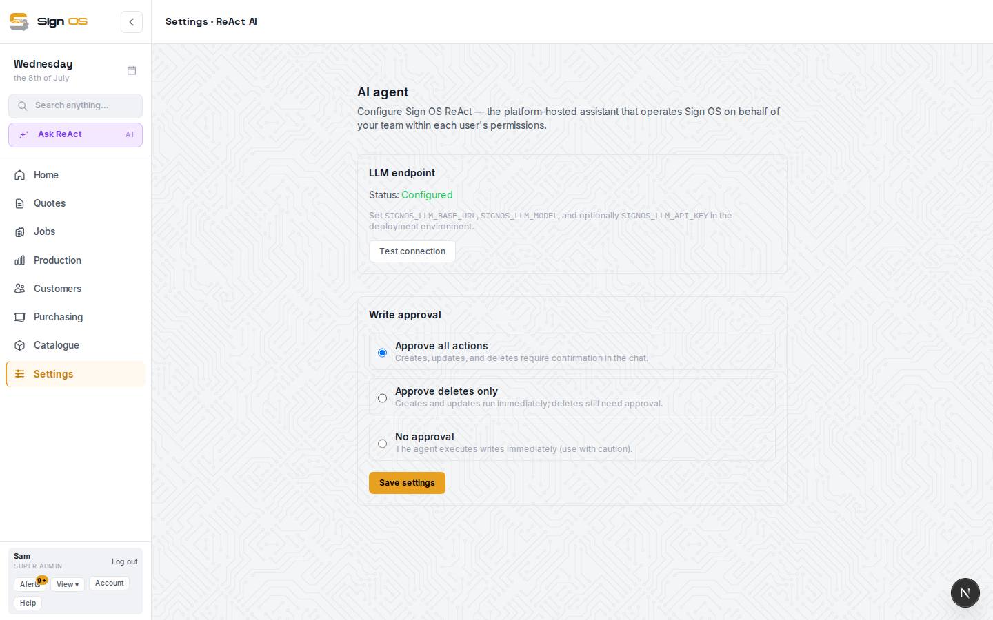 Configure the ReAct AI assistant — the screen in Sign OS