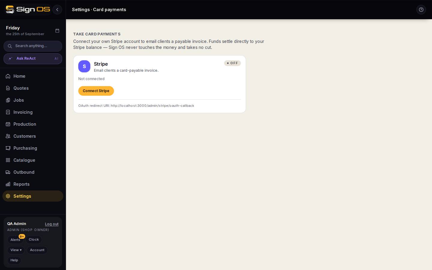 Take card payments through Stripe — the screen in Sign OS