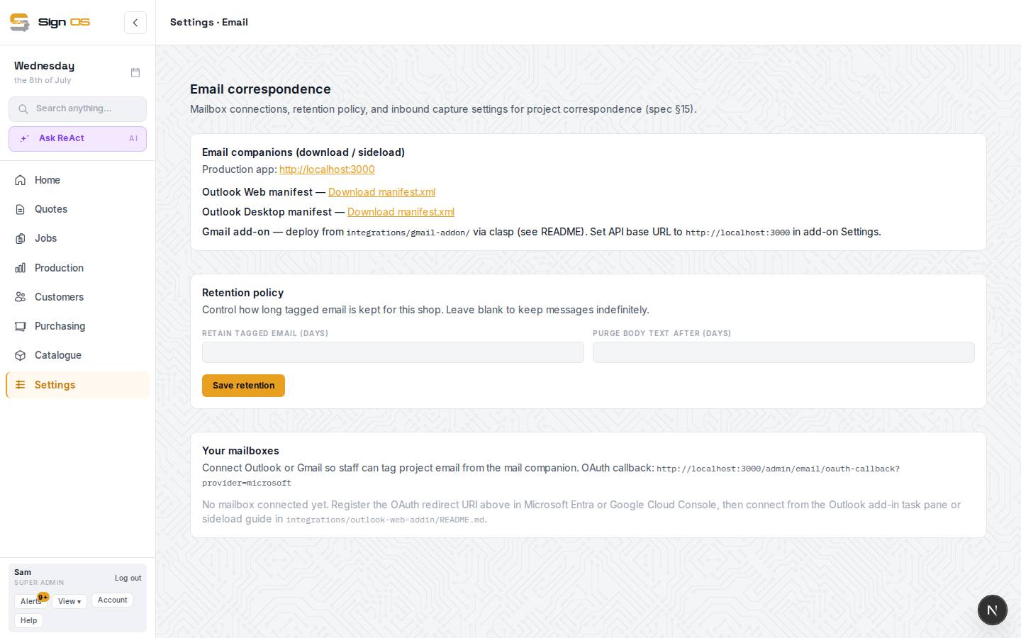 Set up email — the screen in Sign OS