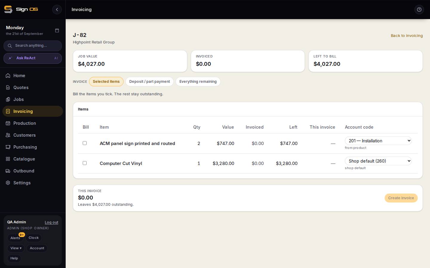Invoice a finished job — the screen in Sign OS