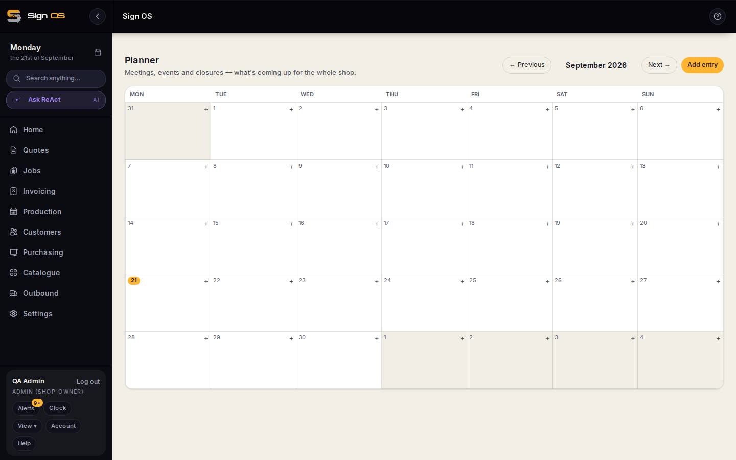 Put meetings, closures and leave on the Planner — the screen in Sign OS