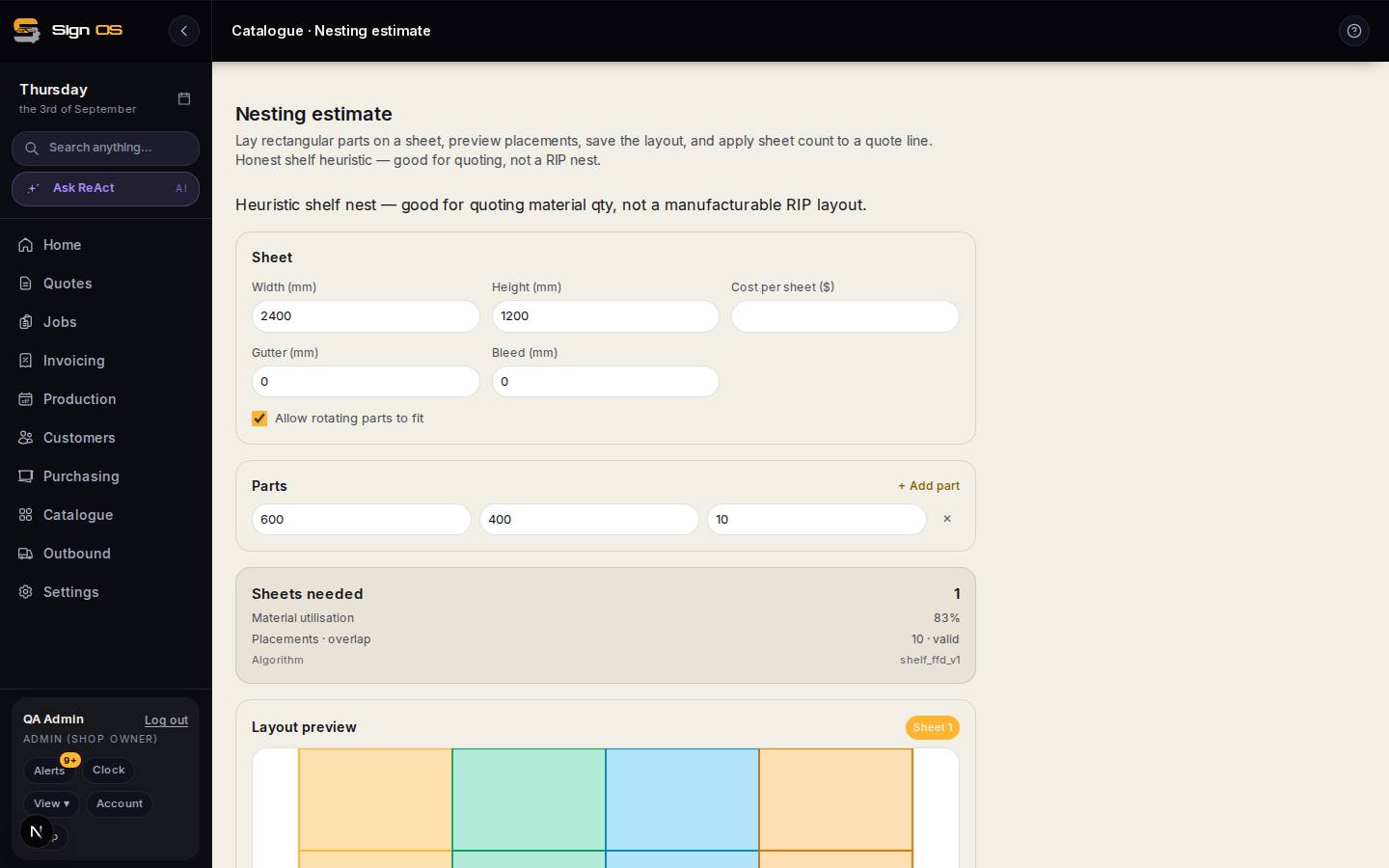 Estimate how many sheets a job needs — the screen in Sign OS
