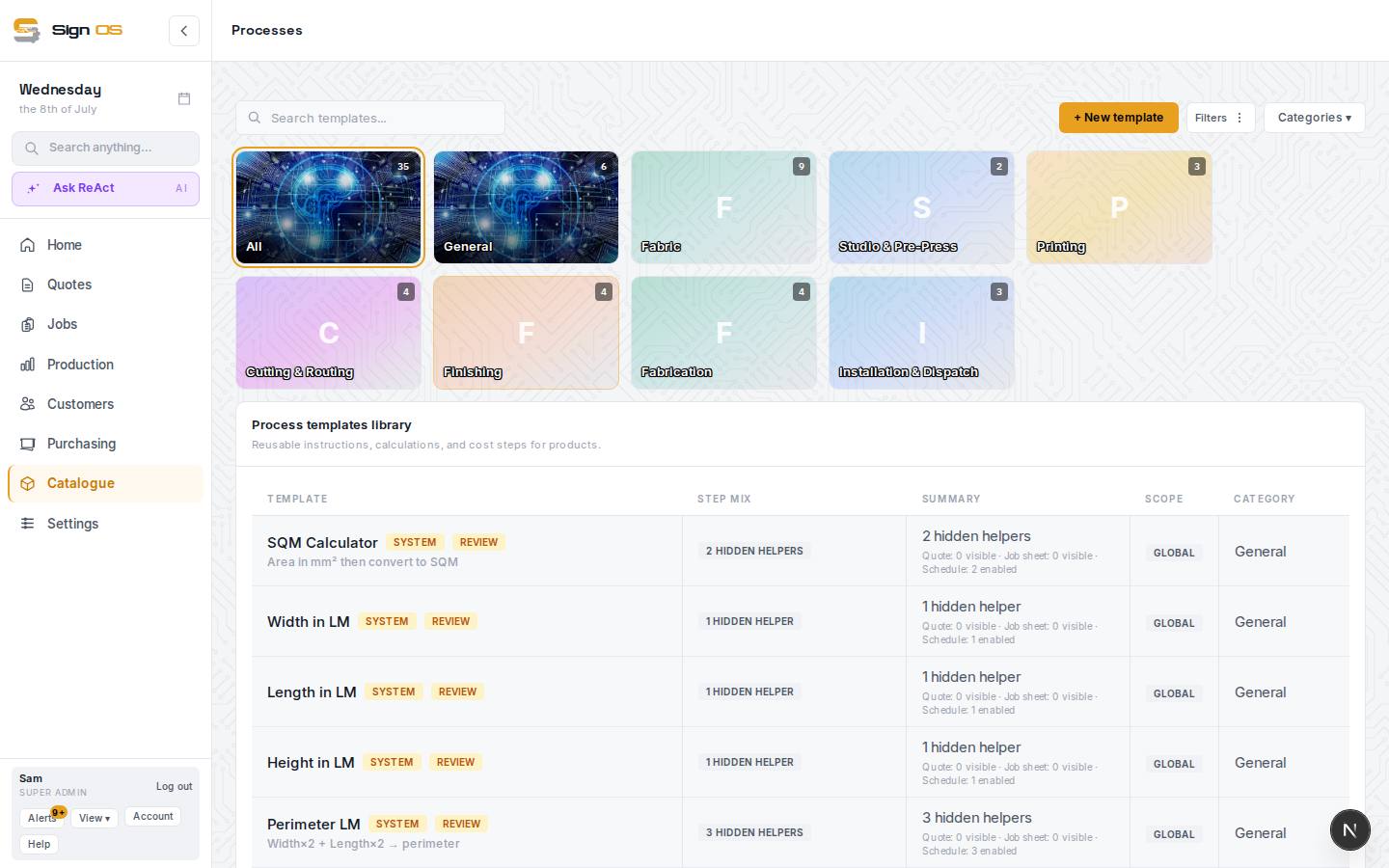 Build process templates — the screen in Sign OS