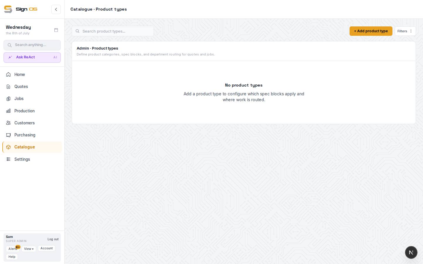Set up product types — the screen in Sign OS