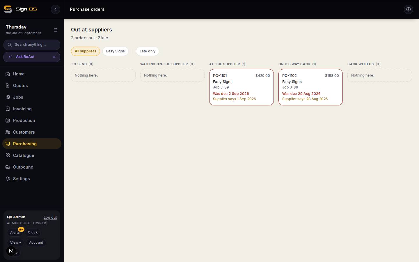 Track work that has left the building — the screen in Sign OS