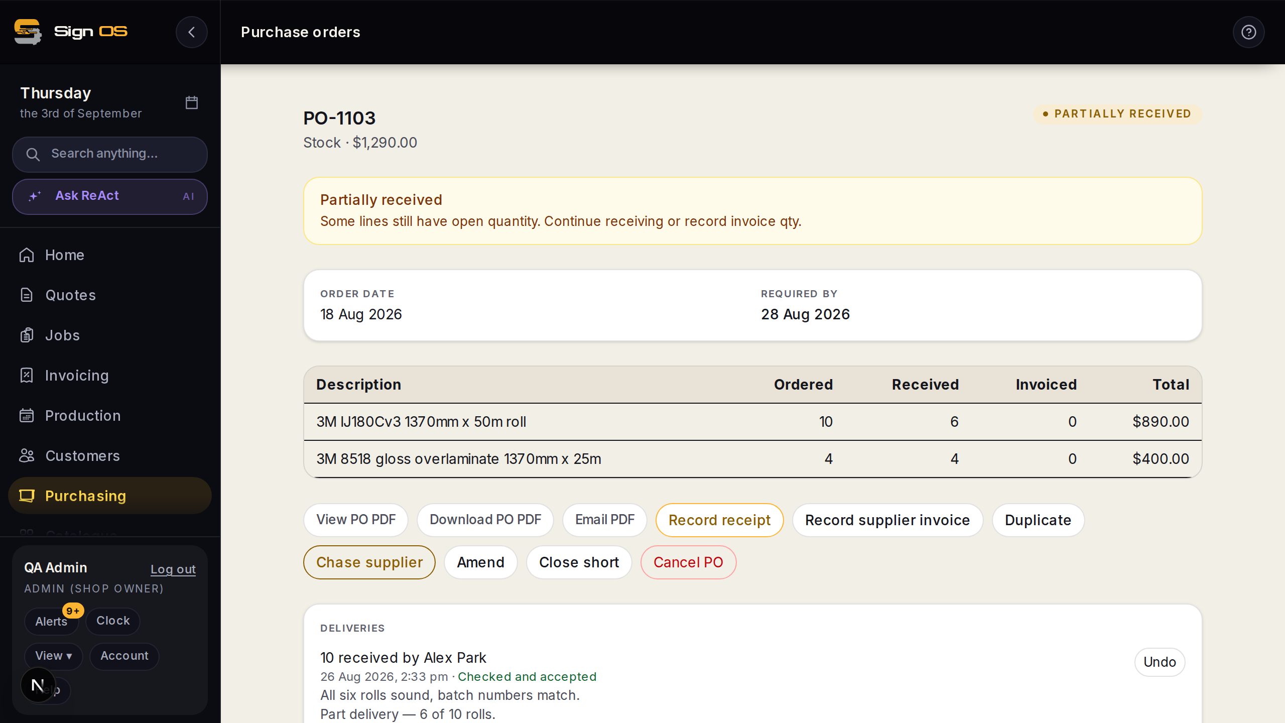 A purchase order showing its deliveries, who received them, and whether they were checked and accepted