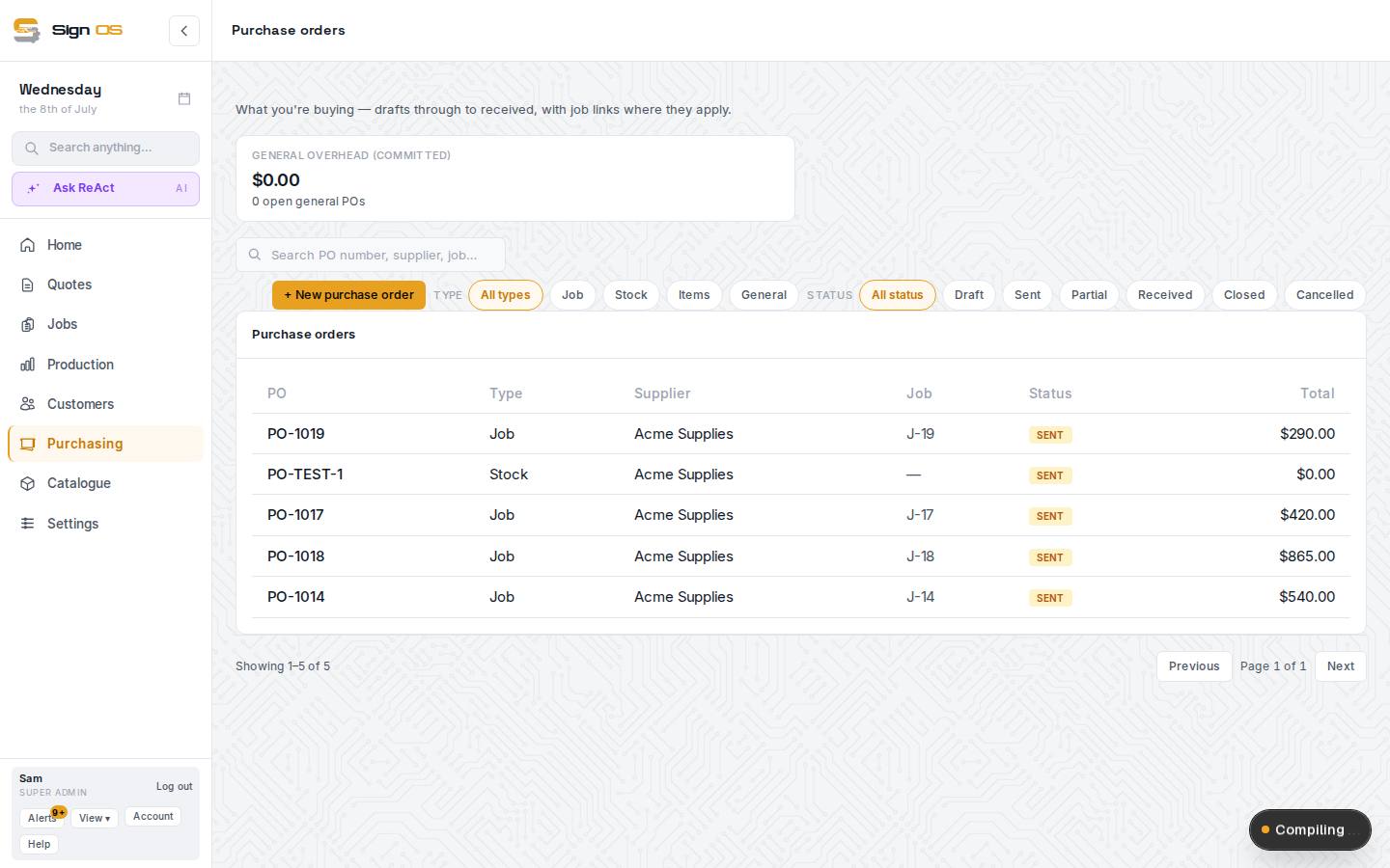 Raise & receive a purchase order — the screen in Sign OS