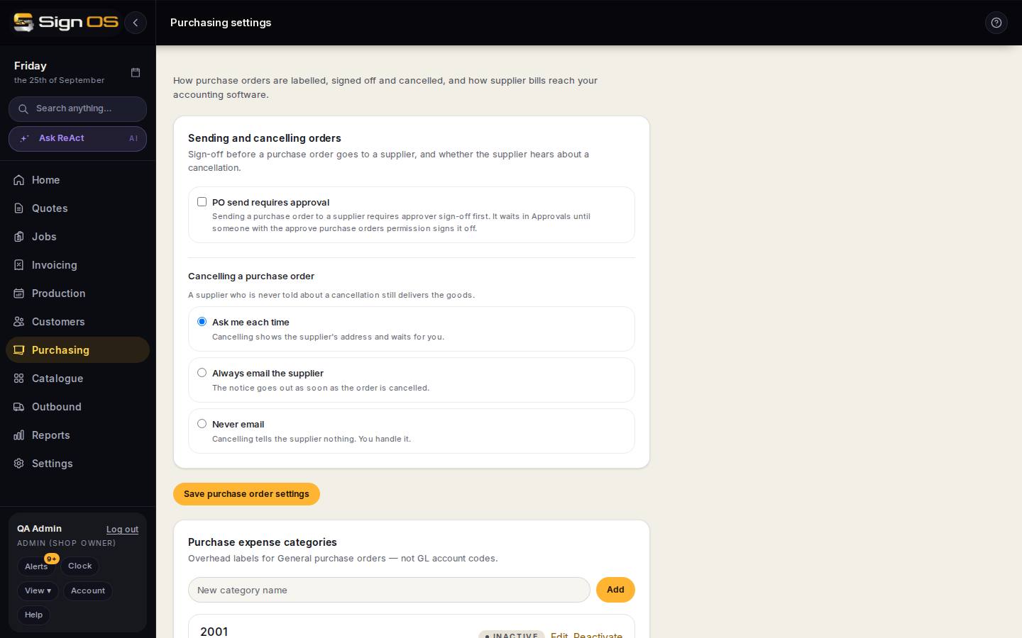 Set how purchase orders are labelled, signed off and sent — the screen in Sign OS