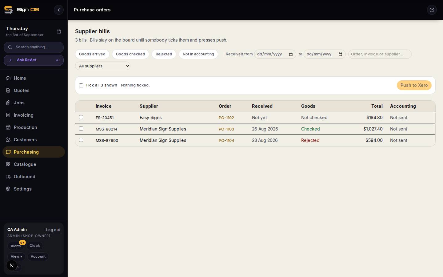 Send supplier bills to your accounting — the screen in Sign OS