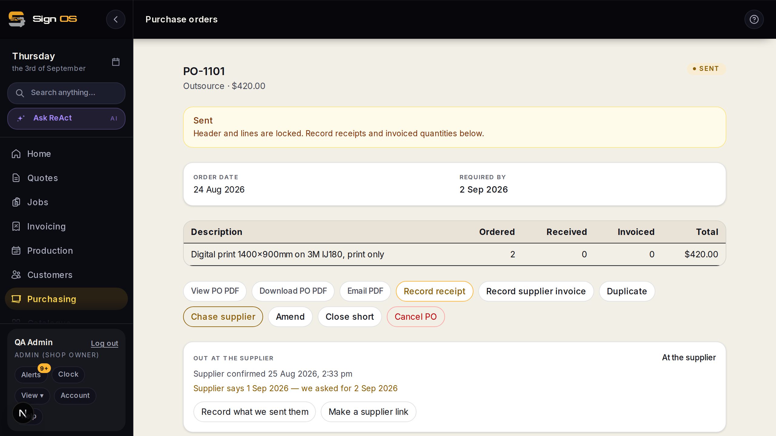 An outsourced purchase order in the shop, showing the supplier link panel and the order's history