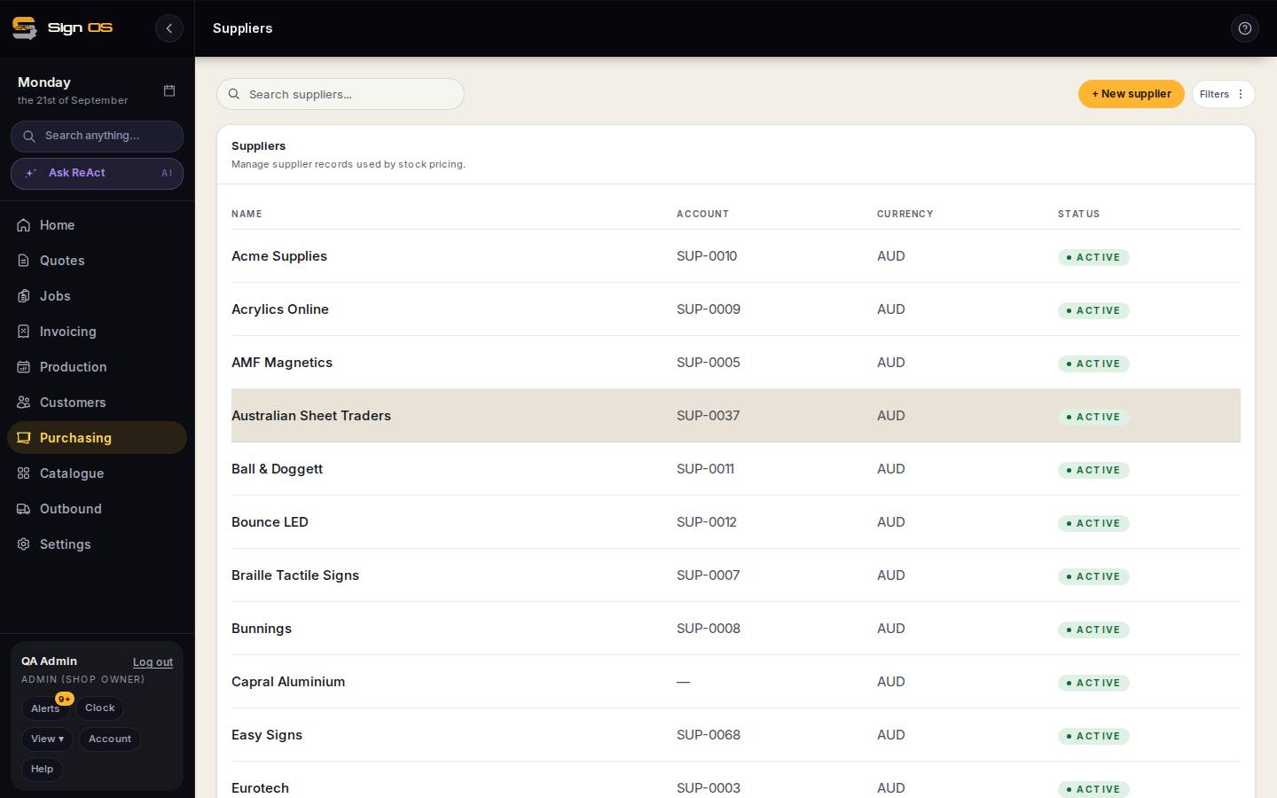 The supplier portal — the screen in Sign OS