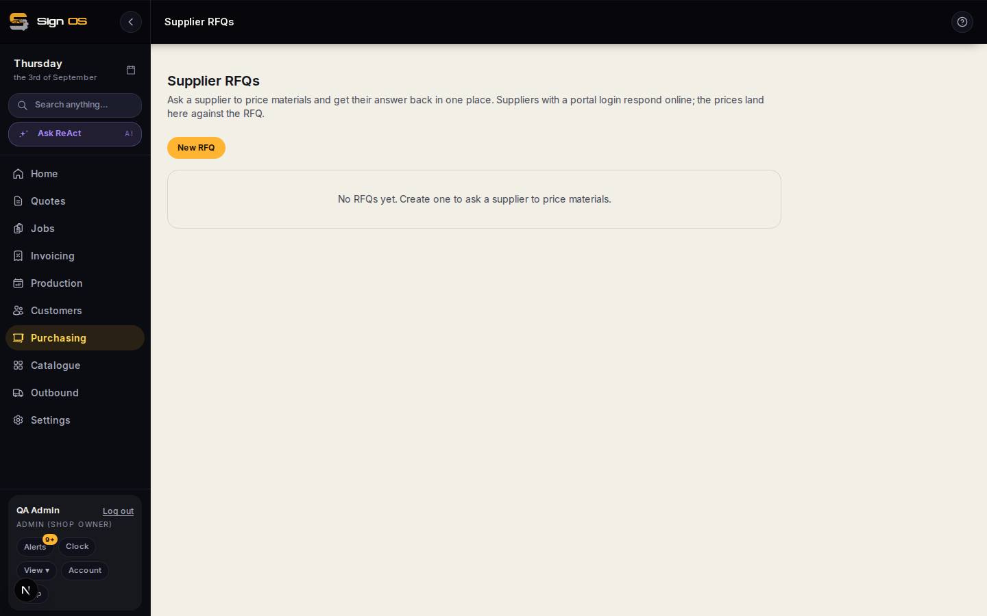 Ask suppliers to price your materials — the screen in Sign OS