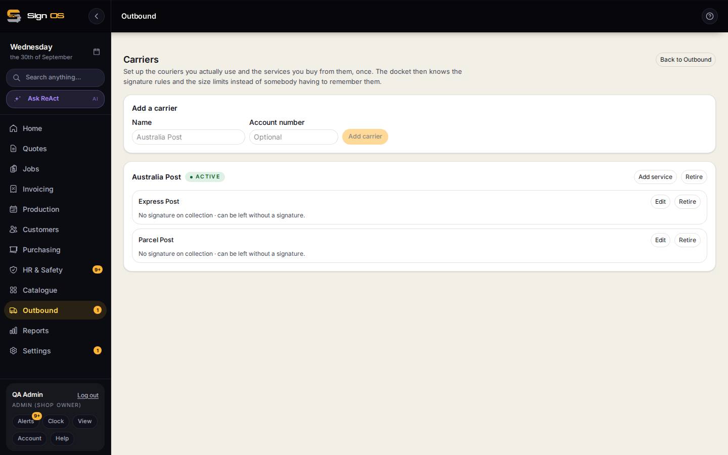 Charge for delivery, and set up your couriers — the screen in Sign OS