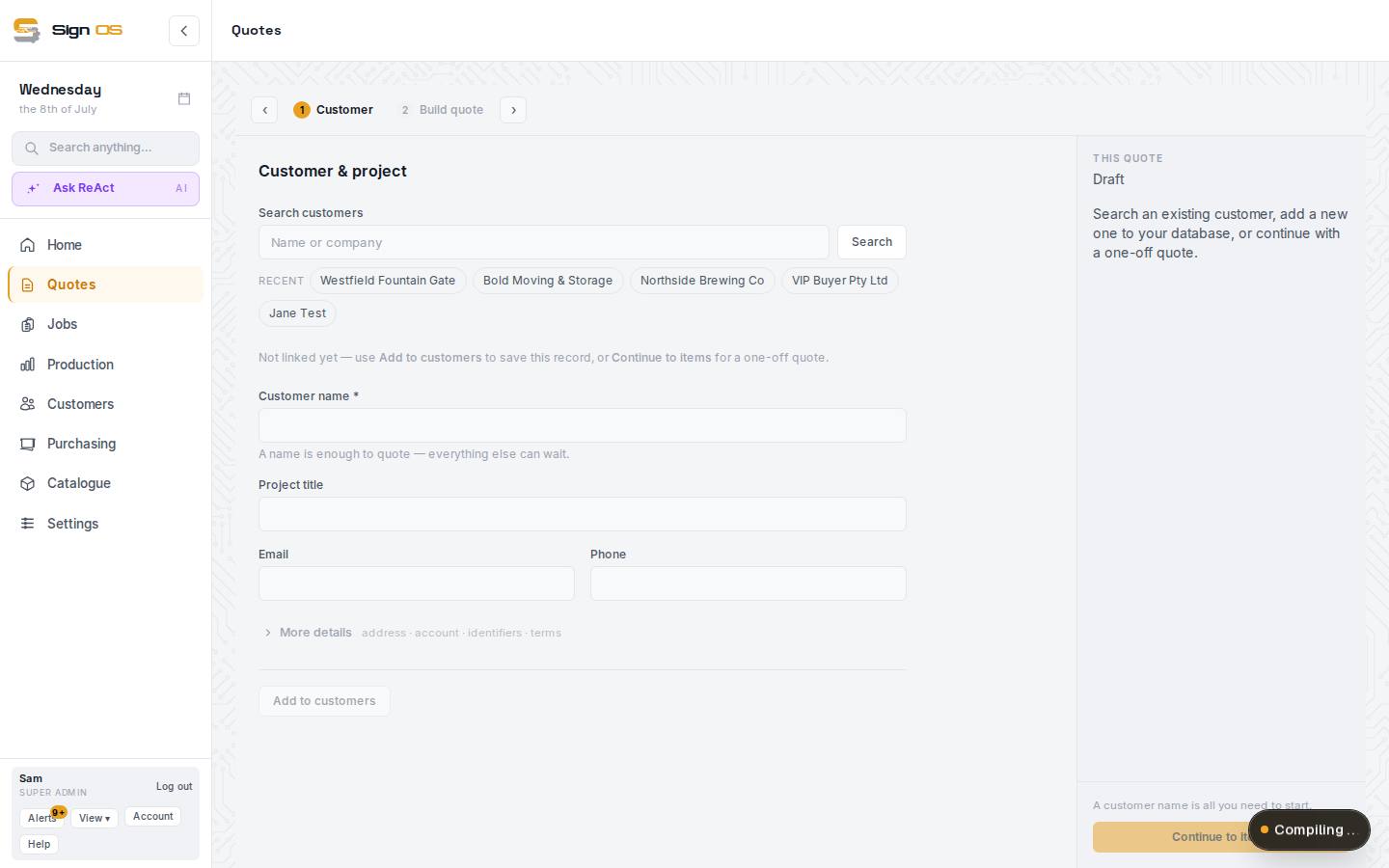 Add premade products to a quote — the screen in Sign OS