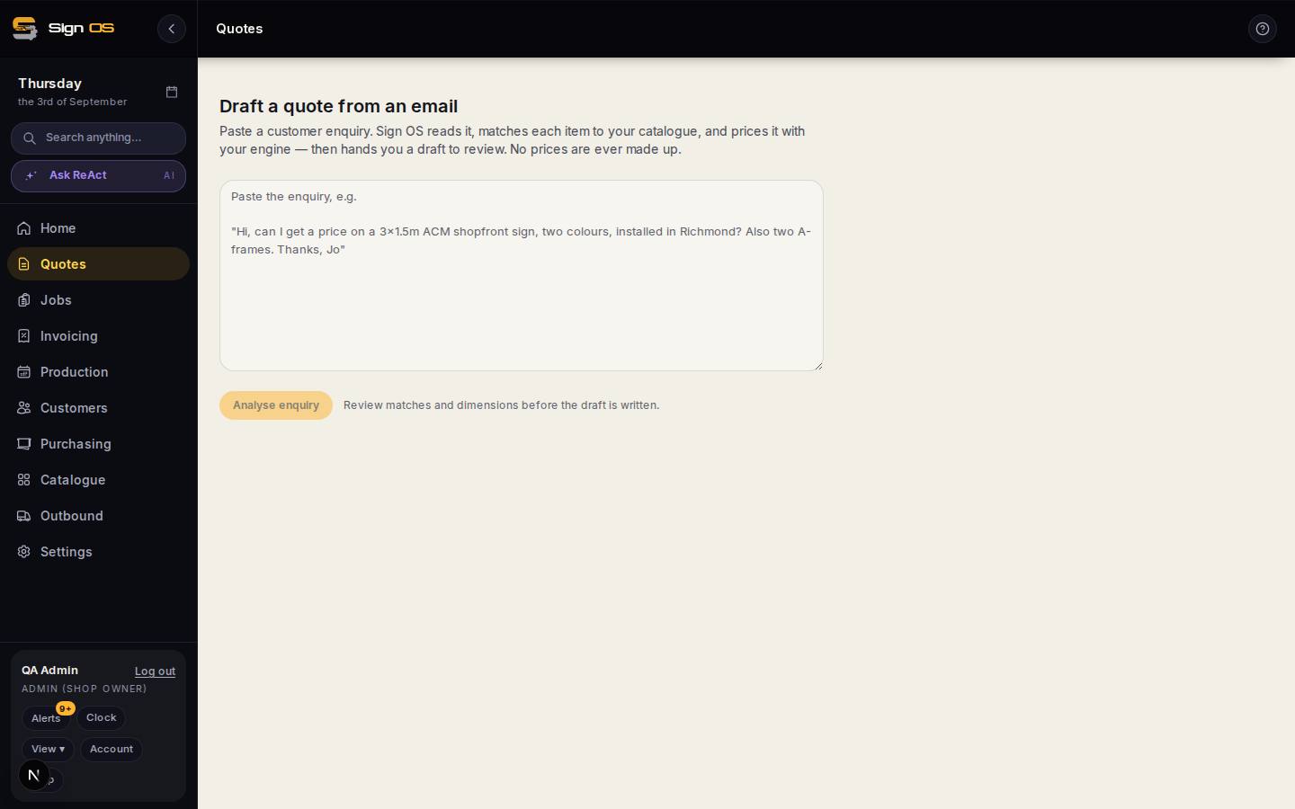 Draft a quote from an enquiry email — the screen in Sign OS