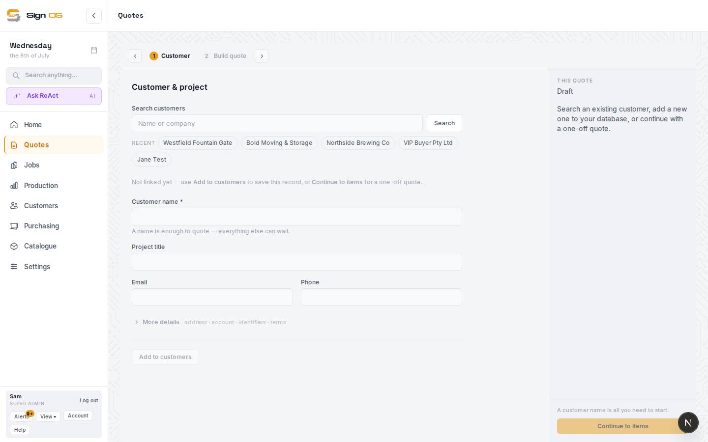 Add project details & logistics — the screen in Sign OS