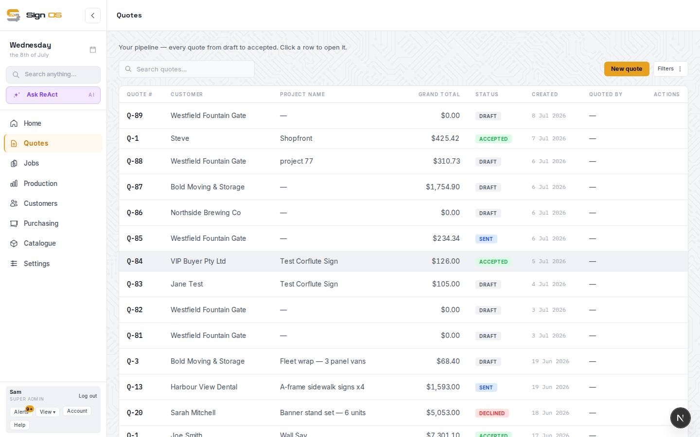The quotes list & statuses — the screen in Sign OS