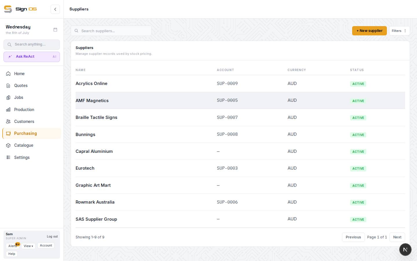 Add your suppliers — the screen in Sign OS
