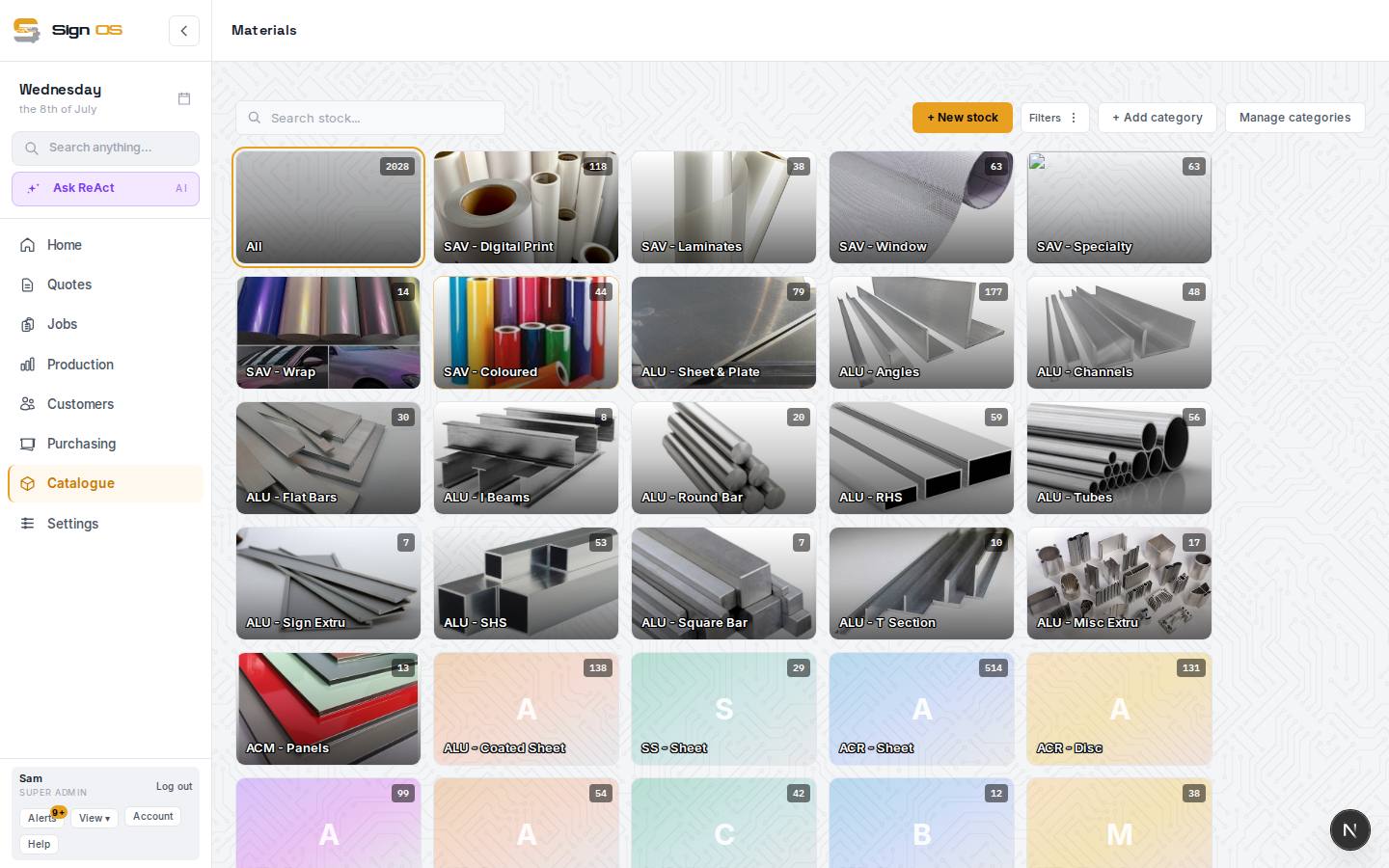 Add materials (your stock library) — the screen in Sign OS