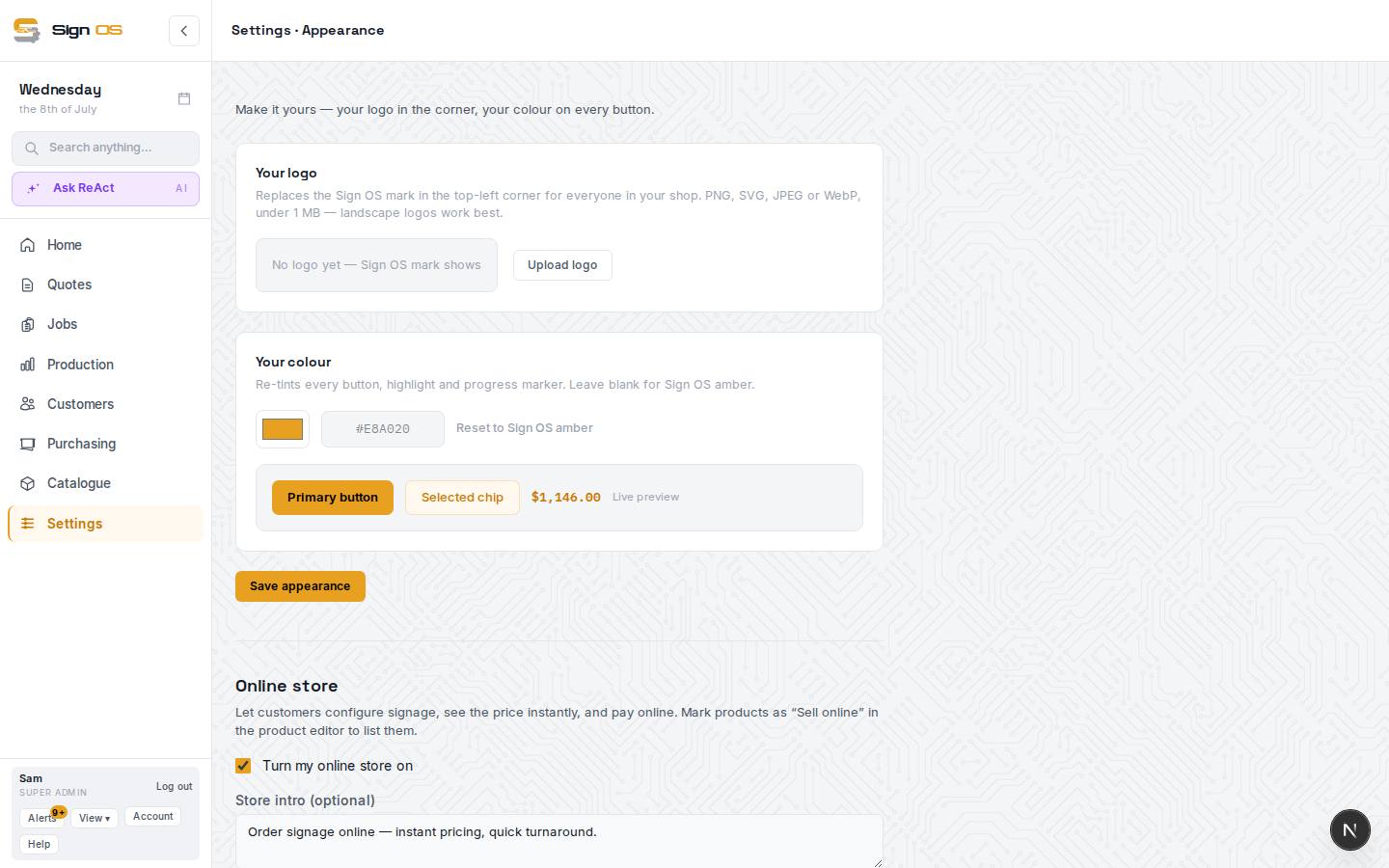 Upload your logo & set your colours — the screen in Sign OS