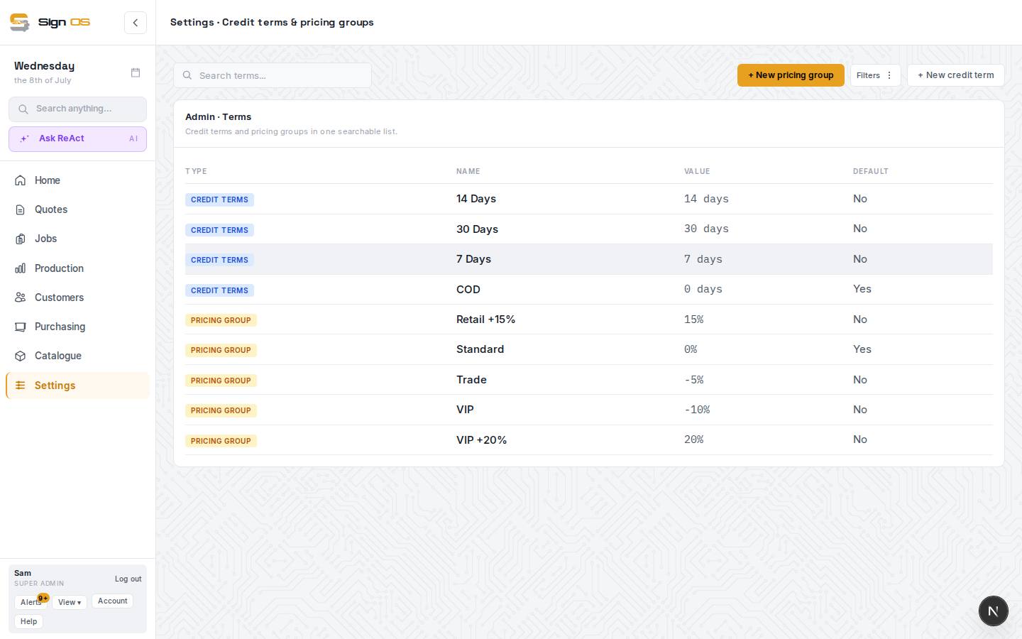 Set up credit terms & pricing groups — the screen in Sign OS