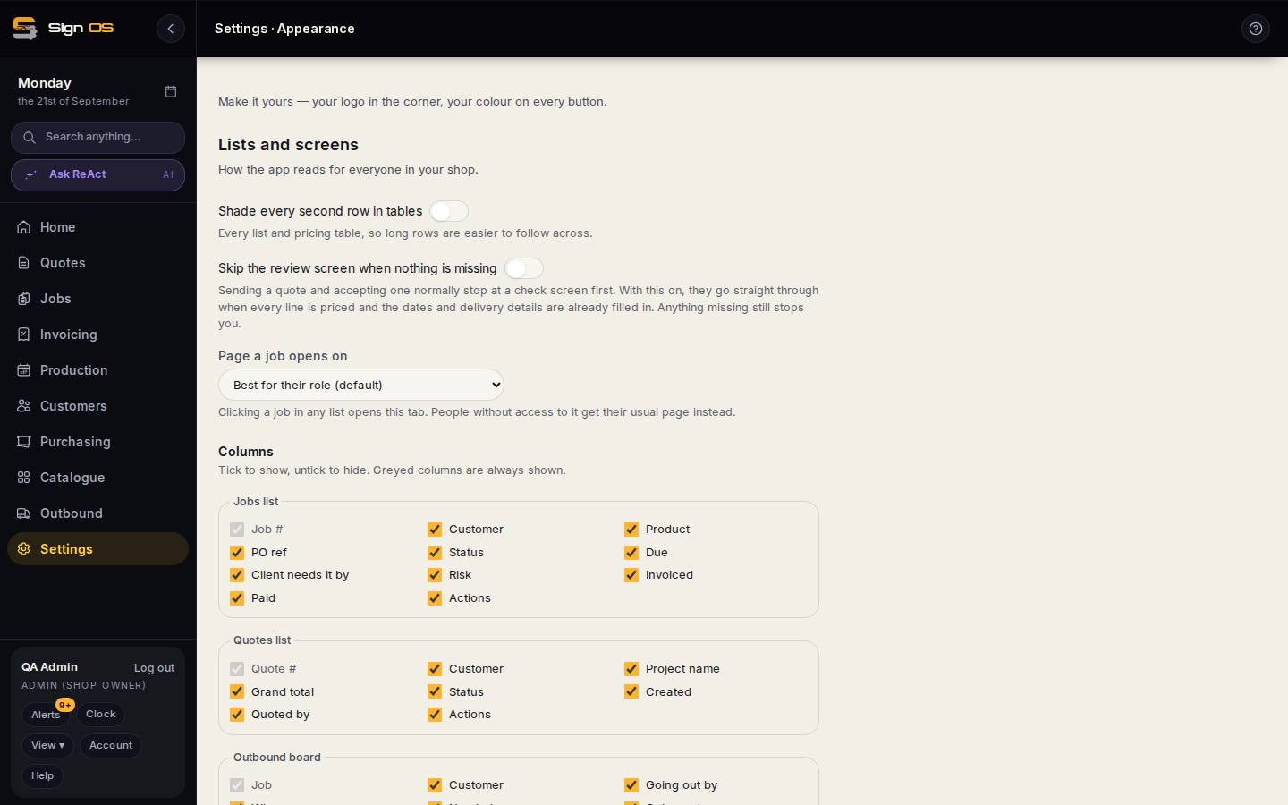 Set what everyone sees on lists and jobs — the screen in Sign OS