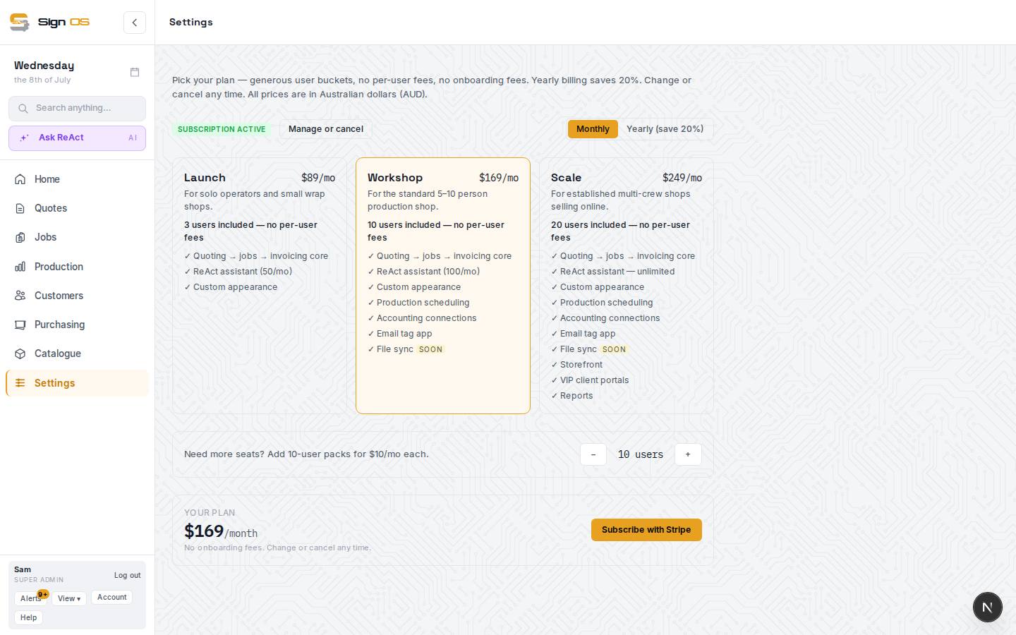Manage your plan & billing — the screen in Sign OS