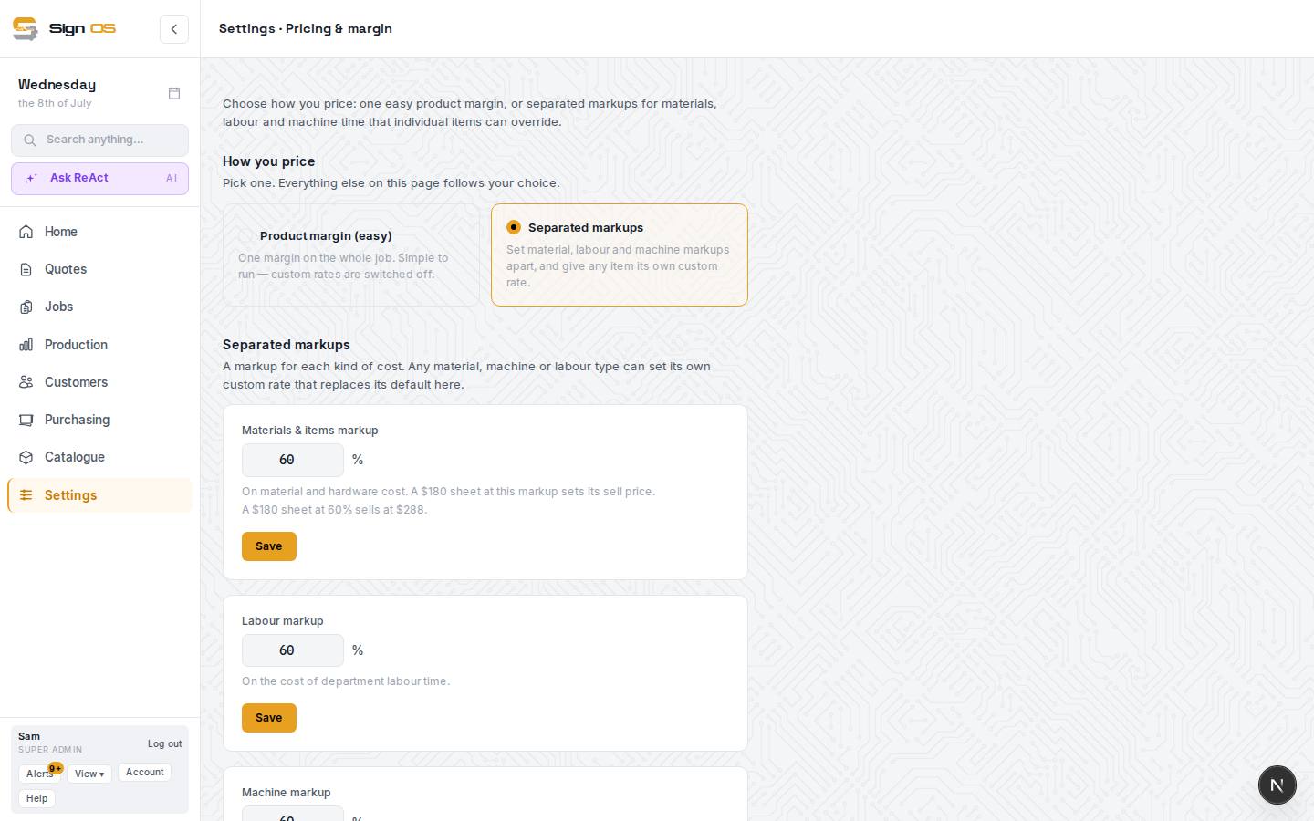 Set your default margin & markup — the screen in Sign OS