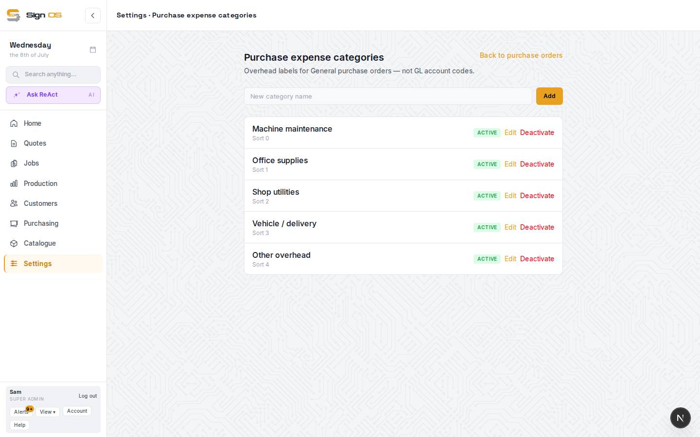 Set up purchase expense categories — the screen in Sign OS