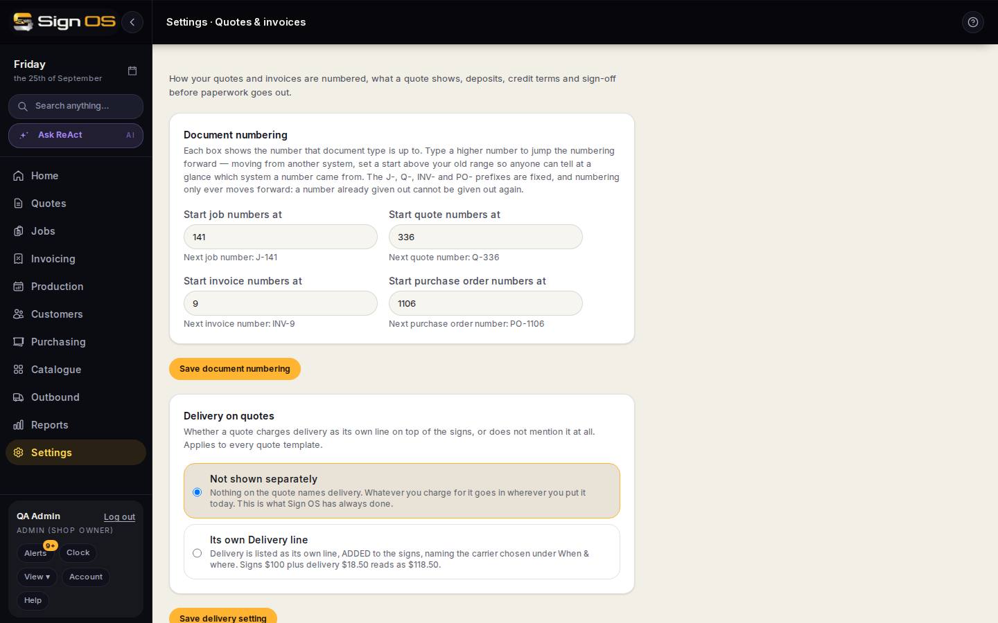Set how quotes and invoices work — the screen in Sign OS
