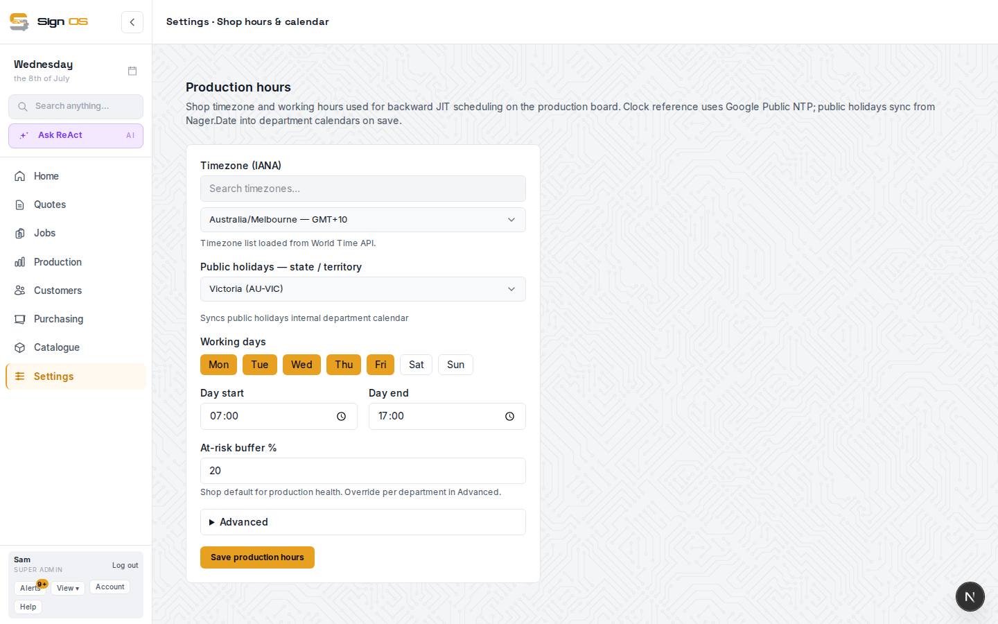 Set your shop hours, holidays & capacity — the screen in Sign OS