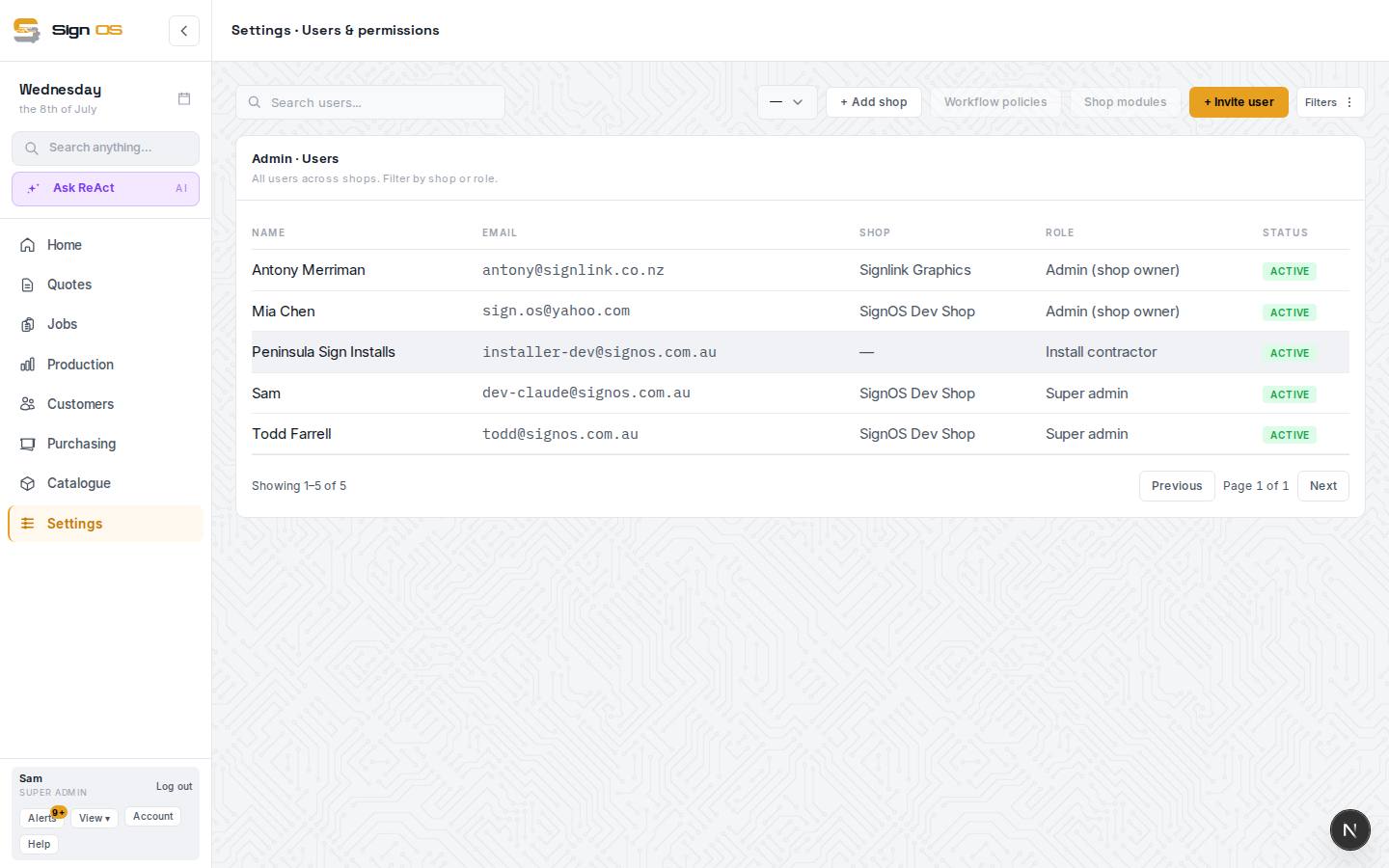 Add your team members — the screen in Sign OS
