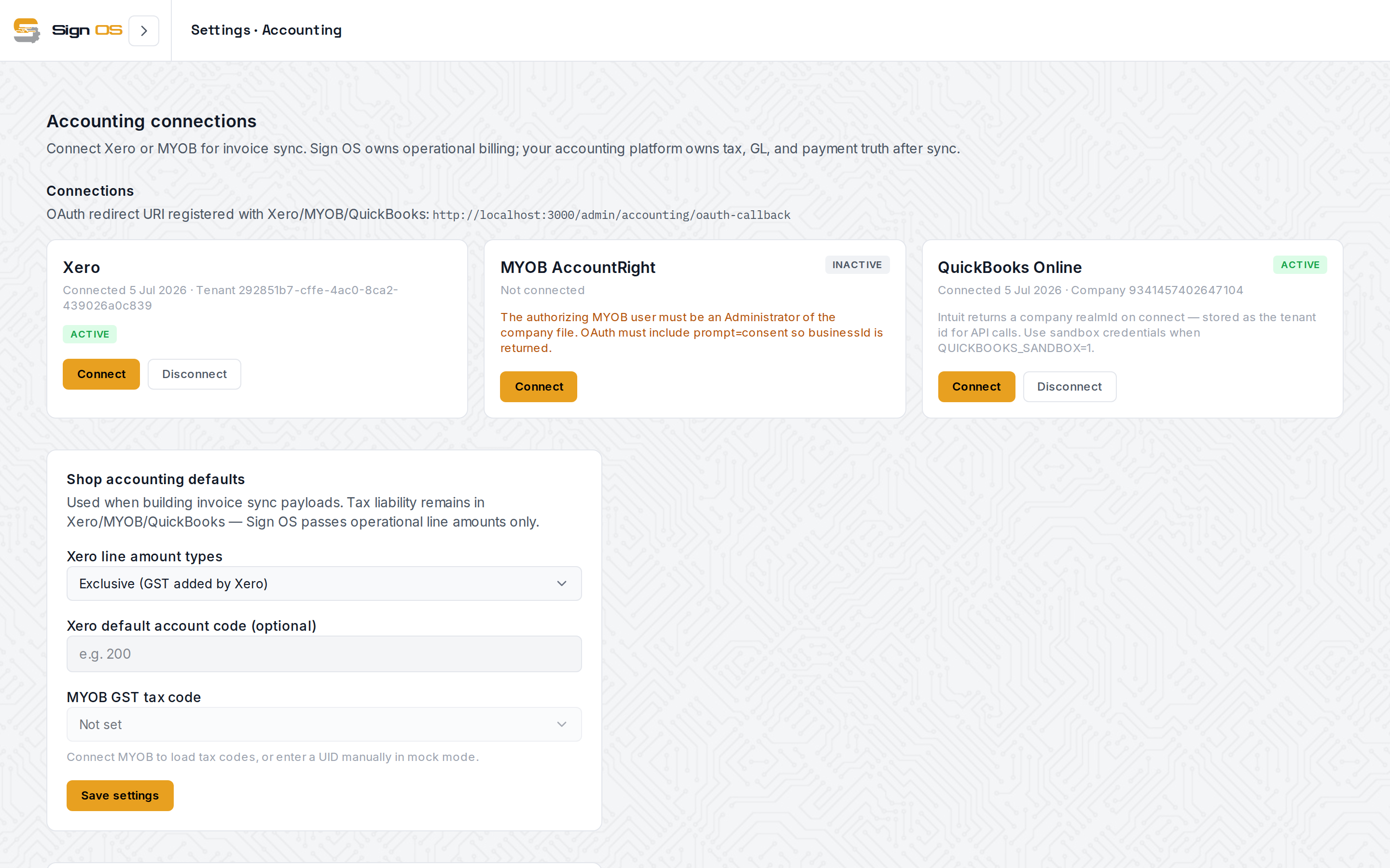 Accounting settings with Xero, QuickBooks and MYOB connection cards