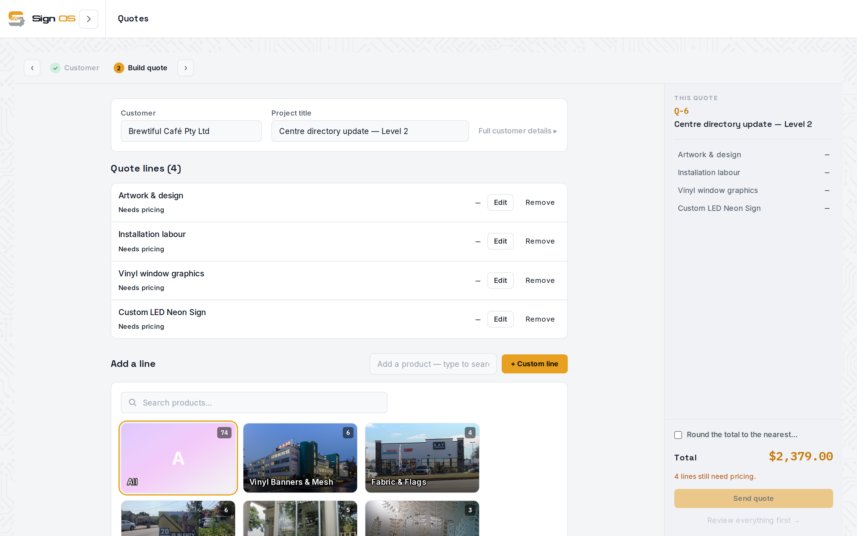 The quote items step with the catalogue product picker open