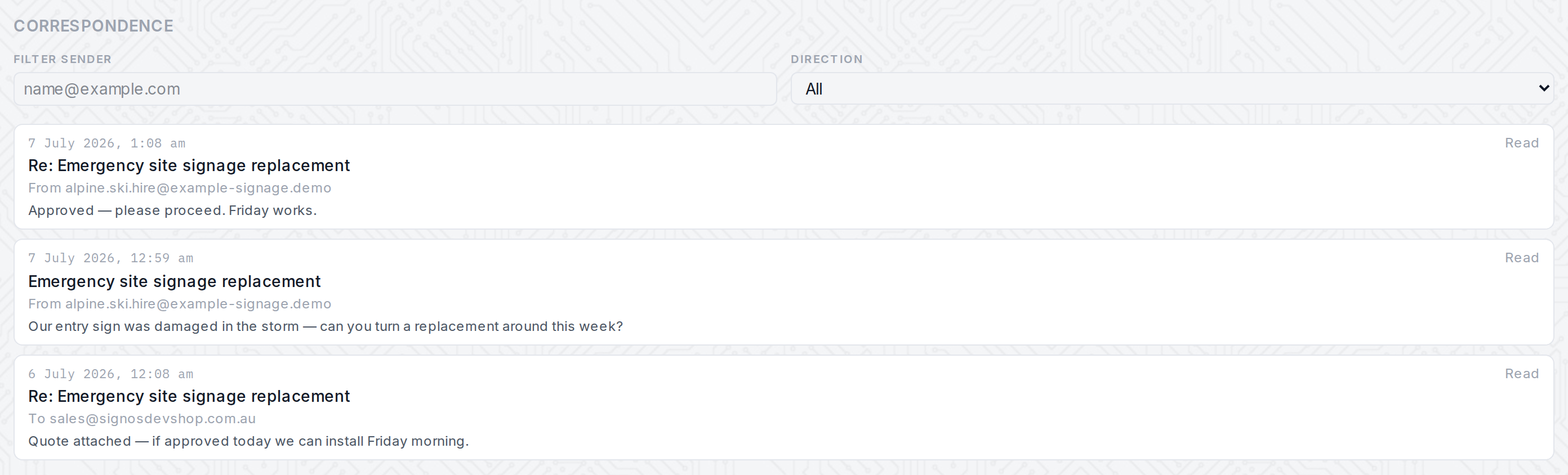 Correspondence timeline on a job detail page