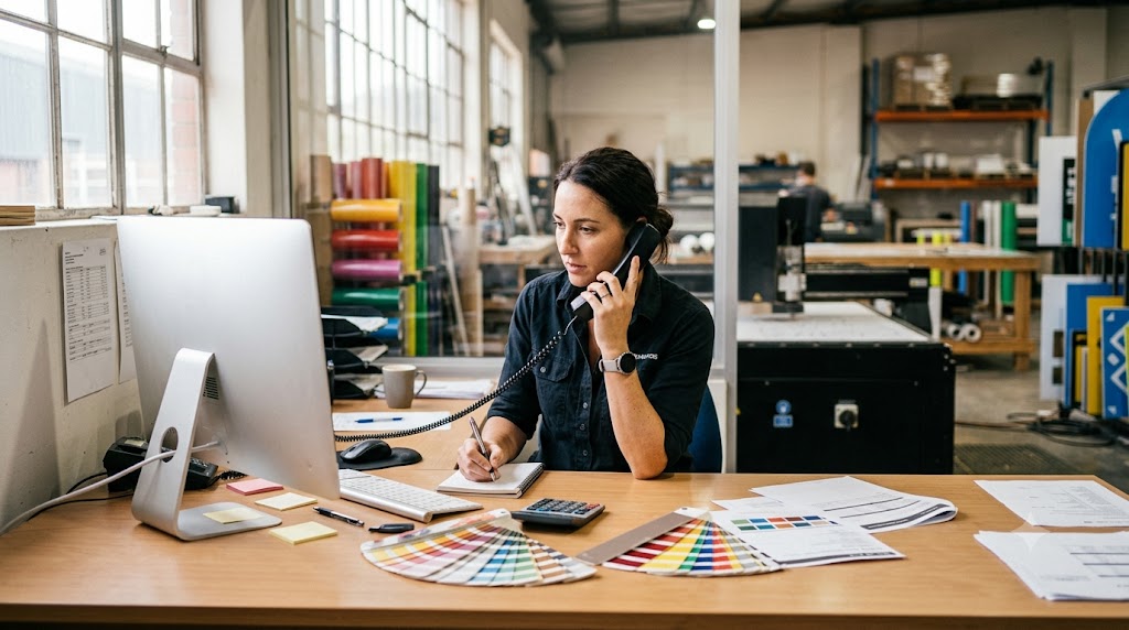 A sign shop coordinator taking a call and noting job details