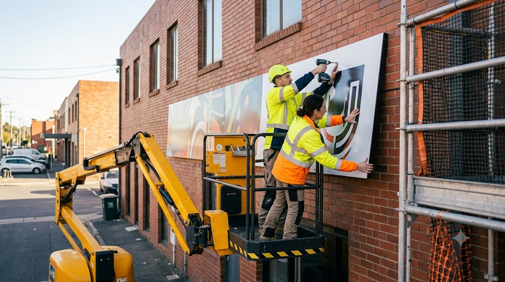 An install crew coordinating as they mount a large sign