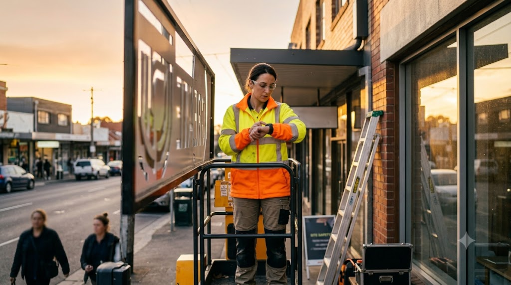 An installer checking the time during a shopfront sign install at dusk